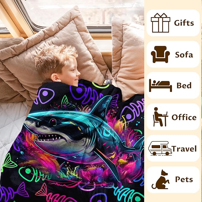 Shark Blanket Boys Blanket for Kids Teens Gift for Son Grandson, Soft Cozy Fuzzy Warm 60 x 50 Inches Flannel Throw for Chair Sofa Room Decor Travel