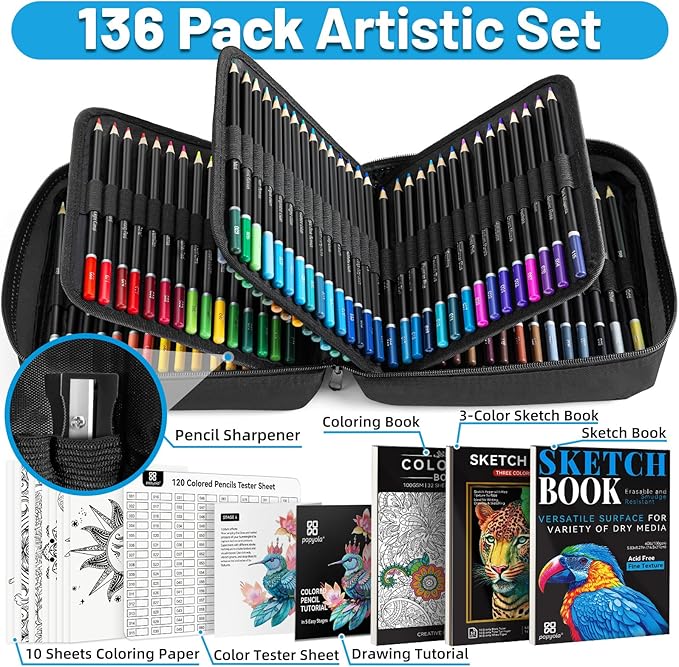 136 PCS Colored Pencils Set for Adult Coloring Books, 120 Colored Pencils with Sketchbook, Coloring Book, Sharpener, Soft Core Oil-Based Coloring Pencils for Artists Drawing Sketching Blending Shading