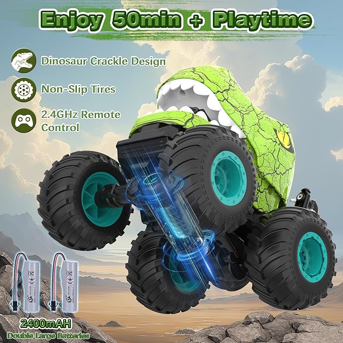 Monster Truck Toys - Remote Control Monster Truck with Spray & Light, Dinosaur Toys for Kids 5-7, 1:20 Scale 2.4 GHz RC Truck, 360° Spins Remote Control Car for Boys 4-7, Kids Christmas Birthday Gifts
