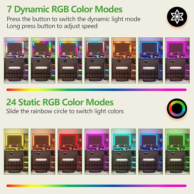 HENBC Vanity with Mirror and LED Lights, Glass Top Vanity Desk with Charging Station(Wireless+USB+Type-C), RGB Makeup Table Set with Stool/Makeup Organizer/6 Drawers for Bedroom,Grey