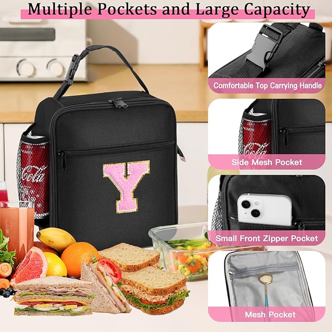 Initial Insulated Lunch Bag, Lunch Box with Initial Letter Patch for Teen Adult, Reusable Lunch Bag for Men Women, Ideal Back to School Gift Birthday Gift, Pink Y