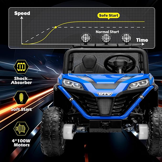 2 Seater 24V Ride On Toys for Big Kids, Electric UTV Car with Remote Control, 4-Wheeler Suspension, Side by Side Vehicle Max 110lbs, Soft Start, Bluetooth, Lights, Ride on Truck Kids 3 Years+, Blue