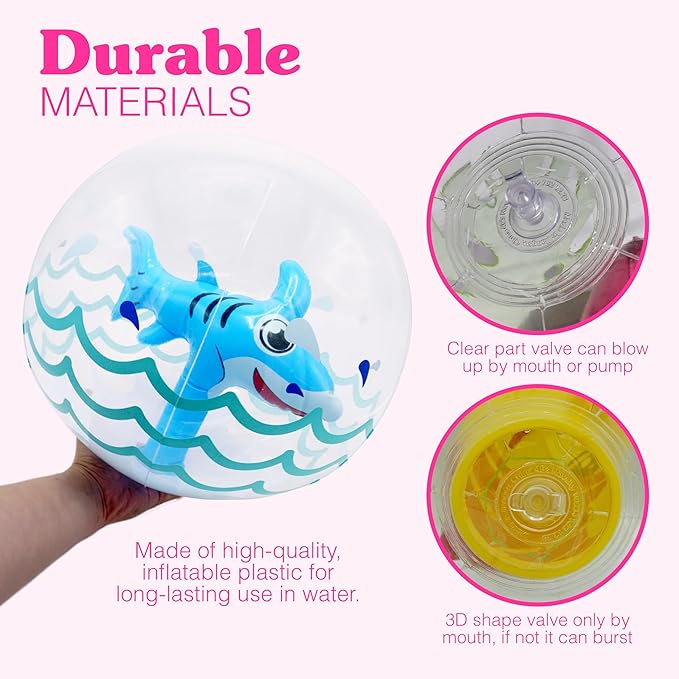 4E's Novelty 3D Beach Balls - 4 Pack 13" Inflatable Pool Toys, Flamingo, Mermaid, Shark, Sea Horse Unique Pool Ball, Ocean Under The Sea Party Decorations for Kids Toddlers Adult