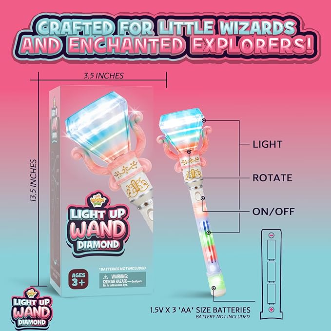 IPIDIPI TOYS Light Up Spinning Diamond Wand, Rotating Magic Princess Toy - Party Favors, Gift Set, Birthday Surprises - Sensory Pretend Play Fairy Wand for Kids Girls and Boys