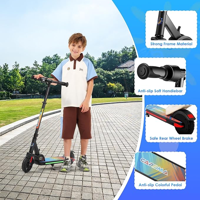 Caroma Electric Scooter for Kids Ages 6-14, 180W/150W Motor & 10 Mph, 85 Mins Ride Time, Adjustable Height & Speed, LED Display & Colorful Lights, Kids Electric Scooter, Best Gifts for Girls and Boy