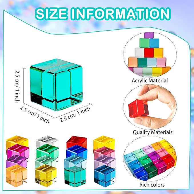 24 Pcs Rainbow Blocks Cubes Acrylic Crystal Stacking Gem Cubes Toys Building Blocks Light Shadow Educational Sensory Training for Students Learning Boys Girls Play