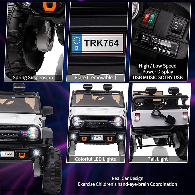 2 Seats 24V Kids Ride on Truck with Remote Control, Battery Powered Electric Ride Car Toy for 3-8 Years, 4 Motors,20" Seat Width for 2 Seaters, LED Light,Music,High/Low Speeds,Shovel, USB (White)