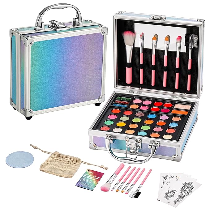 Anpro All-In-One Makeup Kit for Girls 10-12 with Case, Pro Teen Makeup Set, Tween Makeup Kit, Full Starter Make Up Kit with Brushes, Eyeshadow Palette, Blushes, Glitter Gel, Temporary Tattoo Stickers