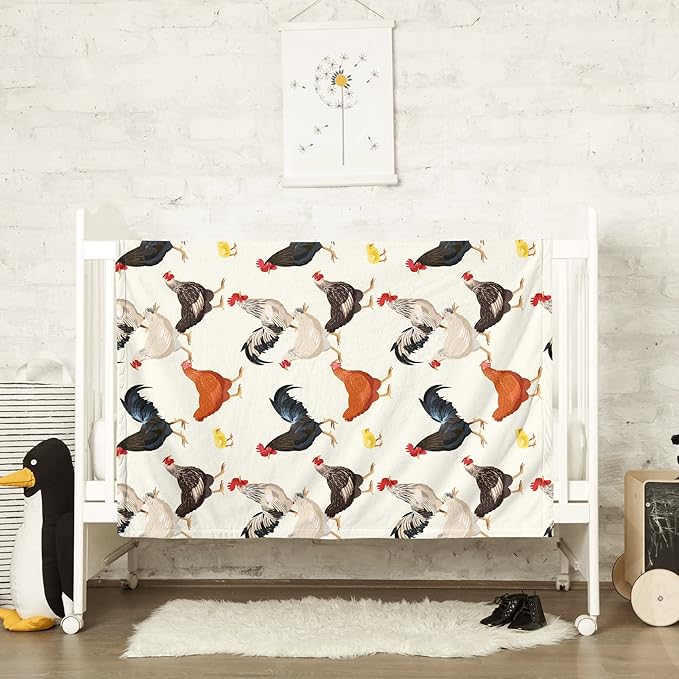 Cute Chicken Printed Blanket Soft Fuzzy Flannel Plush Throw Blanket for Couch,Sofa and Bed Decorative Blankets Funny Colorful Rooster Swaddle Baby Kids Blanket All Season 80"x60"