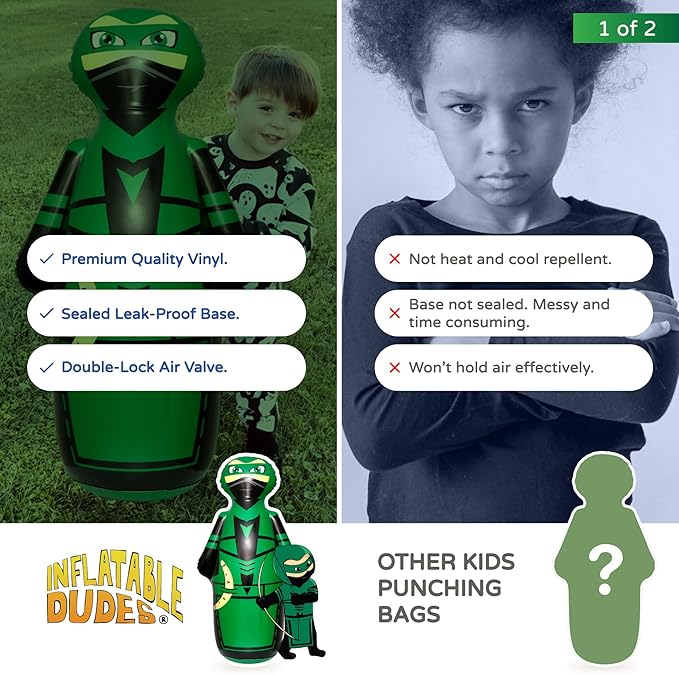 INFLATABLE DUDES Ninja Toy 47 Inches -Kids Punching Bag | Already Filled with Sand| Bop Bag | Inflatable Bopper | Boxing | Ninja Birthday Party | Party Decorations | Punching Bag for Kids- (Archy)