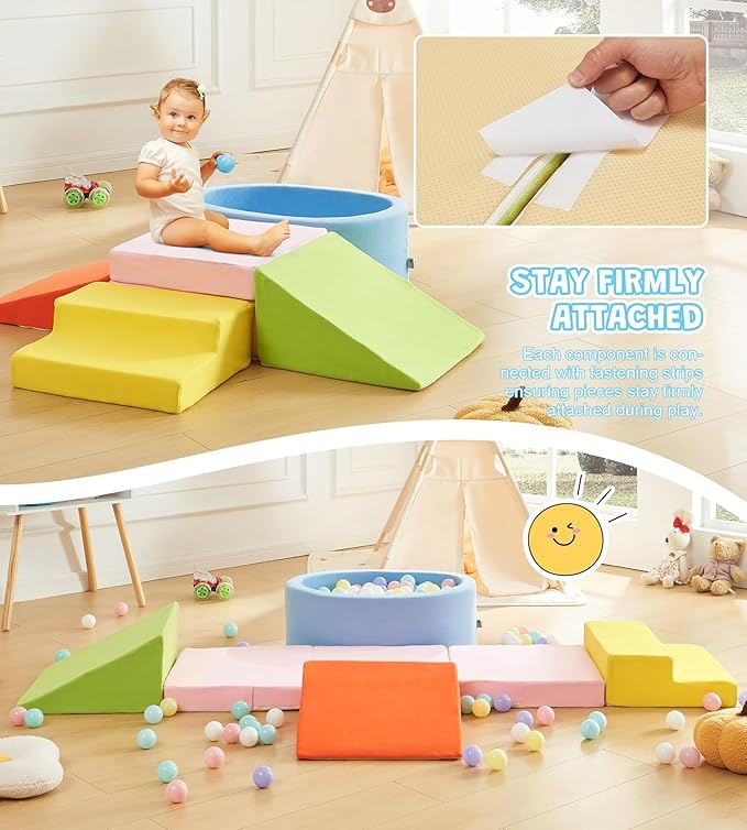 Foam Climbing Blocks with Ball Pit & Stairs for Toddlers Aged 1-3 -Soft Playset for Indoor Crawling, Foam Playground Set for Baby to Active Playing Inside -(Balls NOT Included),Multicolored