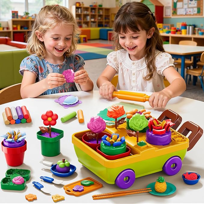 50PCS Play Clay Set Blooming Flower Garden Toy Playset for Kids 3-5, DIY Nature Kits, Pretend Kitchen Toys Accessories with Cart, Toy Dishes, Gifts for Girls Boys Toddlers Ages 3 4 5 6 7 8 9
