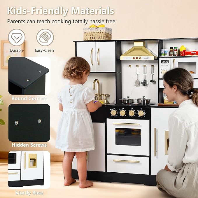 Kinder King Wooden Kids Play Kitchen, Toy Kitchen Playset for Toddler, Play Kitchen Set w/Real Sounds, Pretend Coffee Machine, Kitchen Hood, Sink, Ice Maker, Gift for Boys Girls Age 3+, Black