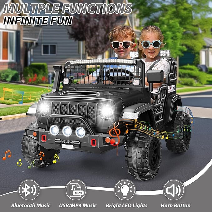 Hikole 24V 2 Seater Electric Ride on Toys Car for Kids 4-8, Remote Control, 2X200W Powered Wheels, 20'' Wide Seats, Sping Suspension, Bluetooth & Music, 110LBS MAX Load, LED Lights, 3 Speeds, Black