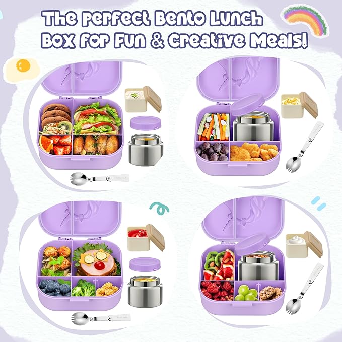 Kids Lunch Box Set -12oz Insulated Food Jar, Thermal Bag,Leakproof Lunch Food Containers Cutlery (BPA Free)-Gift for Girls/Boys Age 3-10(Purple)
