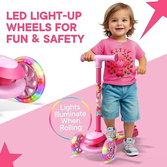 3 Wheel Scooter for Kids, Smooth Light Up LED Front Wheels, Wide Anti Slip Deck, Rear Foot Brake, Easy Lean to Steer Maneuvering, Indoor & Outdoor Ride On Toys for Ages 2 Up