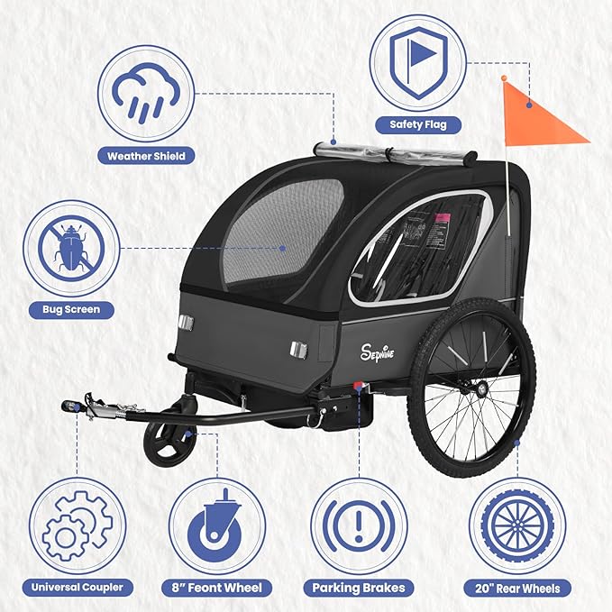Sepnine Kids Bike Trailer, 2 in1 Canopy Carrier Converts to Pushcart Suitable for 1 to 2 Toddlers, Kids, Quick Attach to Bike, Foldable, with 5-Point Harness and Storage Bags