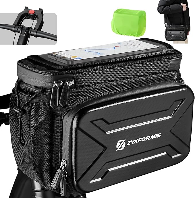 Bike Handlebar Bag with Touch Screen Phone Holder, 6L Large Water Resistant Bike Basket Front Bag with Handlebar Adapter, Reflective Bike Storage Pouch with Shoulder Strap for Bicycle and E-bike