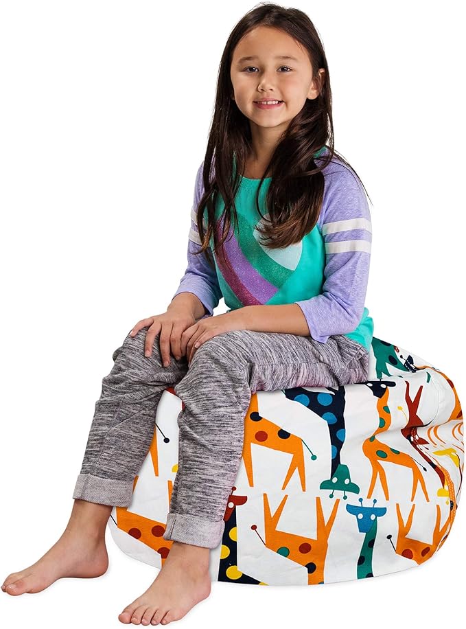 Posh Creations Stuffable Kids Stuffed Animal Storage Bean Bag Chair Cover - Childrens Toy Organizer, Medium-27 - Canvas Giraffes on White