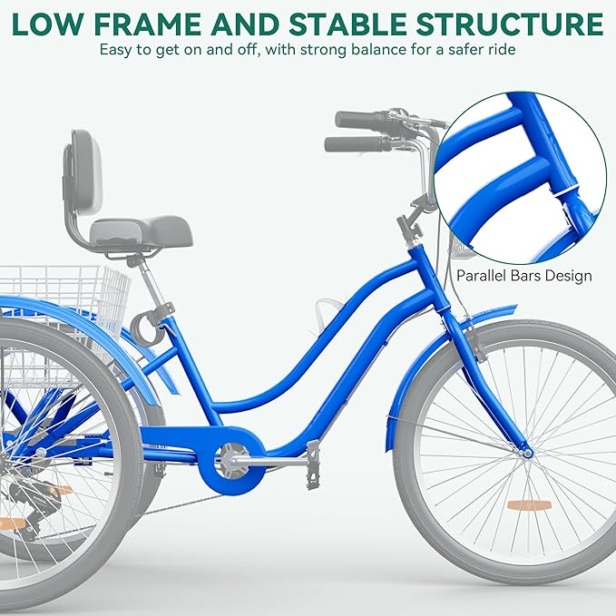 YITAHOME 24 & 26 Inch Adult Tricycle, 1 & 7 Speed 3 Wheel Bikes, Large Seat with Backrest Trike for Adults with Front & Rear Baskets, Cruiser Bike for Seniors Women Men Commute Picnic Outdoor