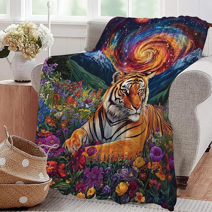 Tiger Blanket Starry Night Floral Animal Throw Blankets Gifts for Girls Boys Kids Tiger Lover Soft Cozy Fleece Plush for Couch Sofa Bed 50"x40"