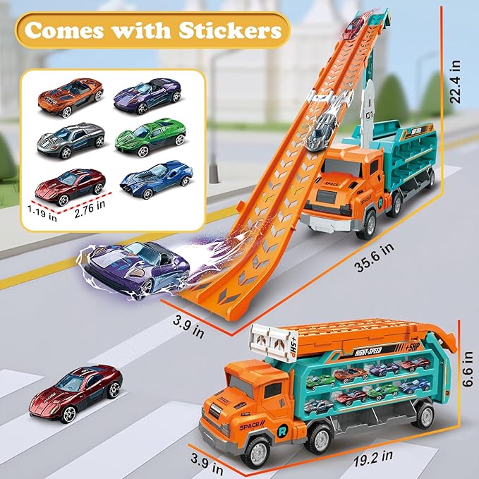 Toddler Car Truck Toys,Car Carrier Truck Toy for Kids Age 3-5 4-8,Foldable Car Track Sets with 2.8-Ft Race Track and 6 Die-Cast Race Cars, Truck Toys Gifts for 3 4 5 6 7 8+ Year Old Boys Girls(orange)