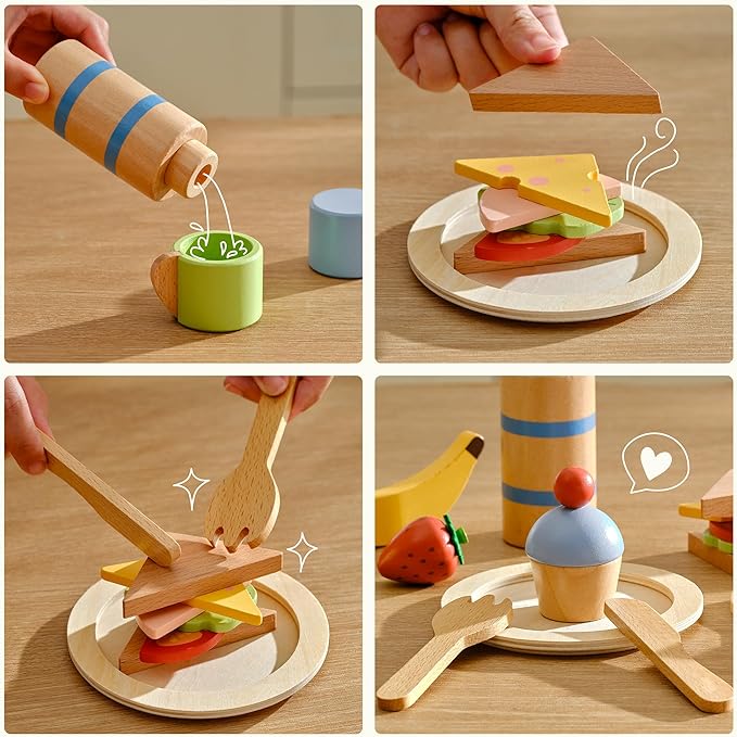 PairPear Wooden Play Food Set for Kids Kitchen, 32 Pcs Pretend Play Toys Picnic Playset with Shopping Bag, Toddler Cutting Food Toys Play Kitchen Accessories Gift for Girls Boys Age 3+