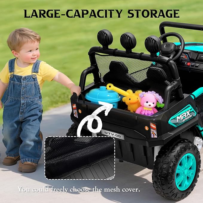 24V 2 Seater Ride on UTV Car, 4WD Ride on Toys for Kids with Remote Control, Shock Absorbers, LED Lights, Music, Off-Road Electric Car for Kids Boys Girls (Green)