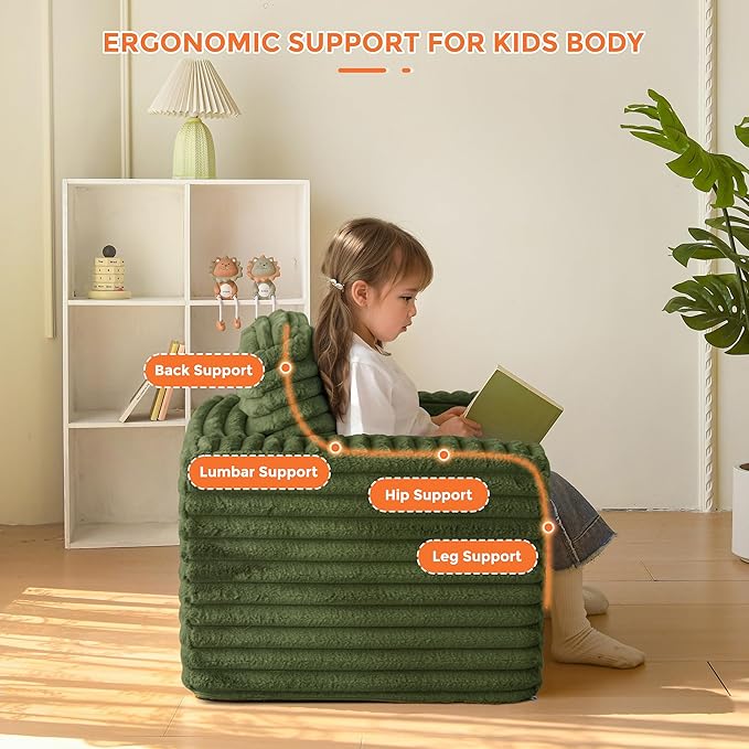 MAXYOYO Kids Bean Bag Chair, Comfy Faux Fur Bean Bag Sofa with Filler, Upholstered Floor Sofa with Pillows and Armrests, Lazy Floor Chair Couch for Boys and Girls, Green