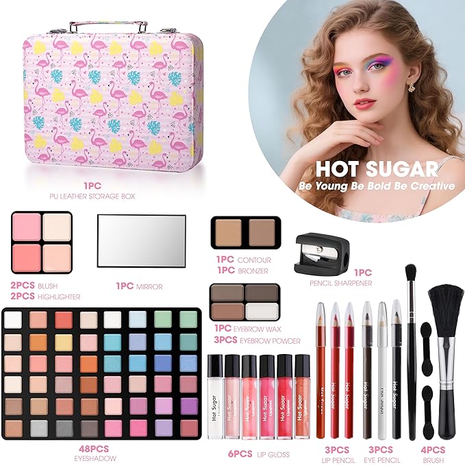 Hot Sugar Makeup Kit for Teenager Girls 10-12, All in One Beginner Makeup Kit for Women Full Kit, Teen makeup kit Cosmetic Gift Set for Birthday Christmas (Flamingo)