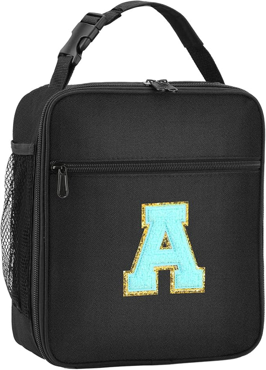 Initial Insulated Lunch Bag, Lunch Box with Initial Letter Patch for Teen Adult, Reusable Lunch Bag for Men Women, Ideal Back to School Gift Birthday Gift, Blue A