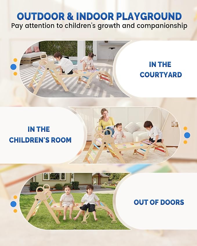 Pikler Triangle Set for Kids, 8 in 1 Colorful Montessori Large Climbing Toys for Toddlers 1-6 Inside with Ramp, Arch and Foldable Triangle, Wooden Child Indoor Playground