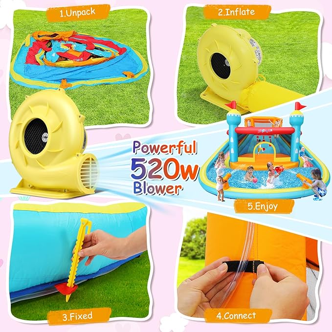 AKEYDIY Bounce House Water Slide, Inflatable Water Slide Park with with Long Slide, Pool, Climbing Wall, Water Gun for Outdoor, Blow up Water Slides Bounce House Castle for Kids Backyard Party Gifts