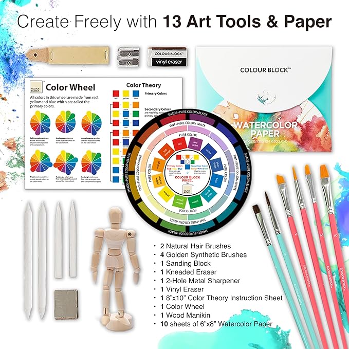 COLOUR BLOCK 181 pc Mixed Media Art Set in Exquisite Wooden Case - Acrylic & Water color Paints, Sketching, Colored Pencils, Soft & Oil Pastels