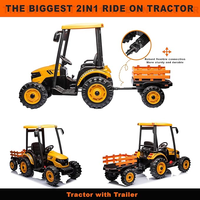 Kidsera 24V Ride on Tractor with Trailer, 4-Gearbox 24volt Dual Motors Metal Frame Battery Powered Electric Tractor Kids Electric Vehicles Power Wheels 24v Ride on Toys for Big Kids (Yellow)