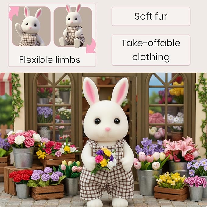 Family White Rabbit Figures — Set of 3 Collectible Flocked Mini Dolls with Removable Clothes, Miniature Dollhouse Pretend Play Figures for Kids Ages 3+