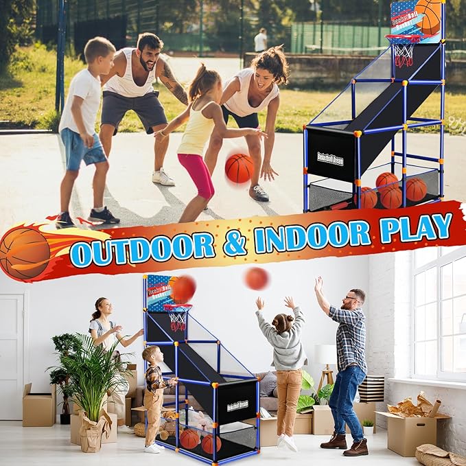 Arcade Basketball Game Set for Kids, Boy Toys Basketball Hoop with 4 Balls for 3 to 12 Years Old, Adjustable Height w/Pump & Storage Net for Kids Indoor Outdoor Sports Play, Christmas Birthday Gifts