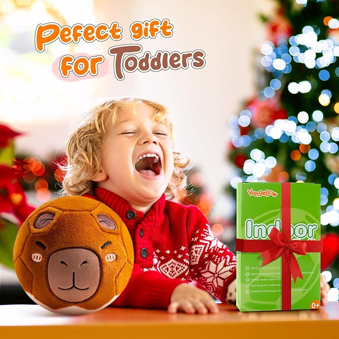 Silent Indoor Soccer Balls for Toddlers, Inflatable Soft Plush Baby Toddler Soccer Ball Toys Gifts for 0+Year Old Boy Girl First Birthday Gift (Capybara, Pump Include)