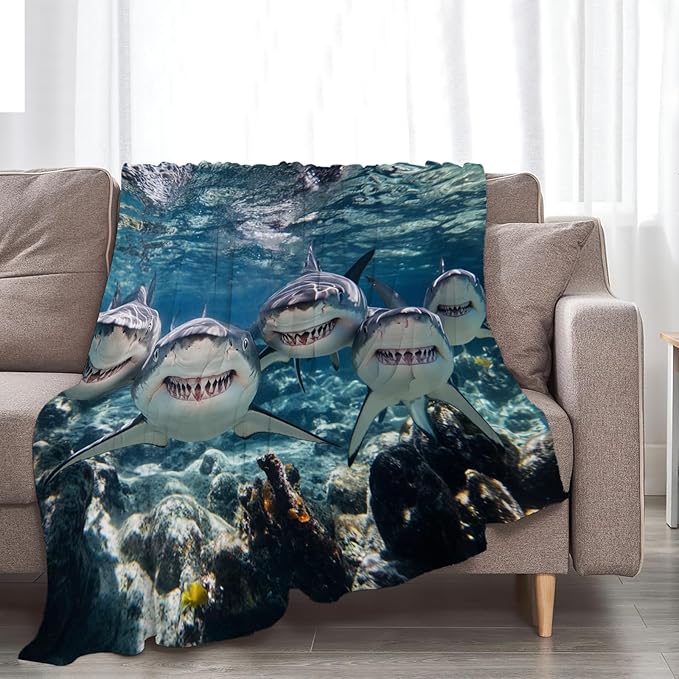 Funny Shark Blanket Marine Life Animal Throw Blankets Gifts for Girls Boys Kids Shark Lover Soft Cozy Fleece Plush for Couch Sofa Bed 50"x40"