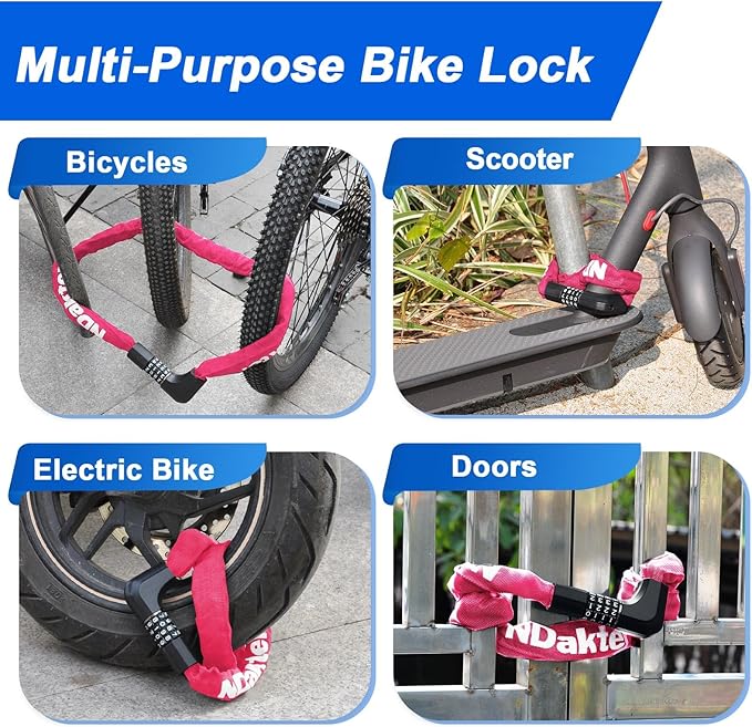NDakter Upgrade Bike Chain Lock with 4 Digit Combination and 2 Keys, 3.2/4.28 Ft Heavy Duty Anti-Theft Bicycle Lock, 2 Ways to Unlock High Security Scooter Locks for Ebike, Escooter, Door