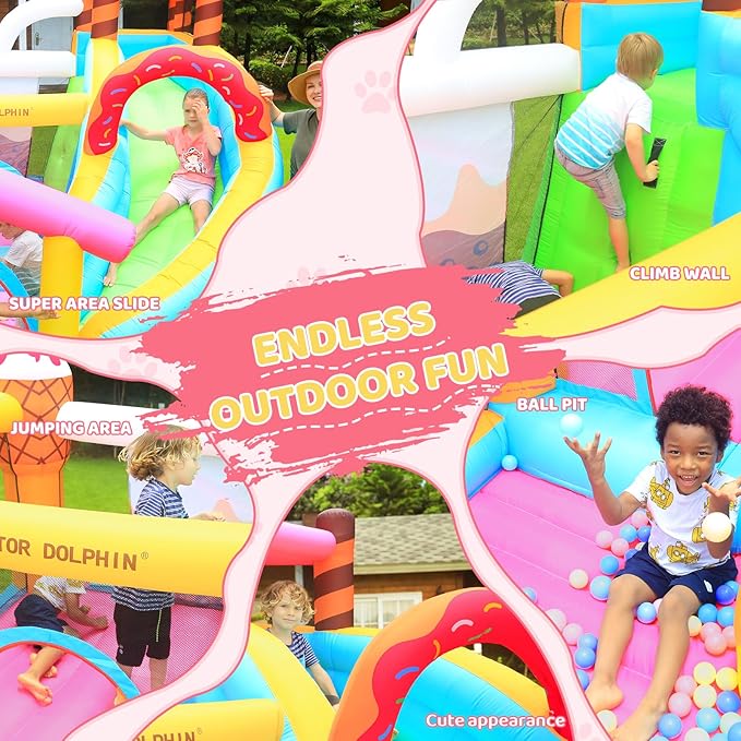 Doctor Dolphin Inflatable Bounce House with Air Blower, Bouncy Castle for Toddlers, Kids Jumping and Slide Castle for Indoor & Outdoor