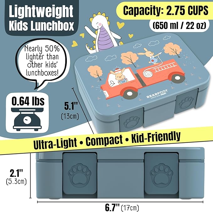 Kids Lunch Box with Compartments – Compact & Lightweight | Leak-Proof, BPA-Free, Dishwasher & Microwave Safe | Hand-Drawn Design for Preschool, School, Travel (Firetruck Bunnies Blue, 2.75 Cups)