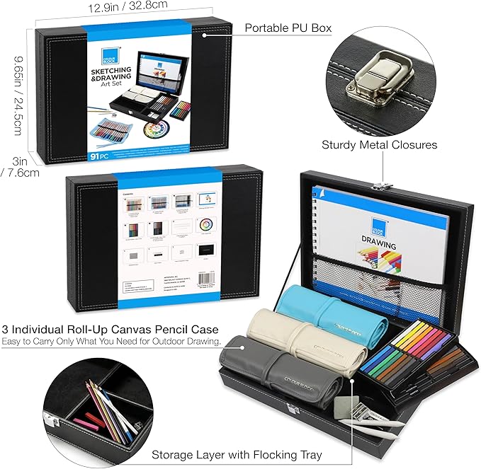 COLOUR BLOCK 91pc Drawing Pencil Set, Sketching, Coloring, Charcoal Pencils, Soft Pastels, Sketch Book, Travel Friendly Art Supply Kit for Kids Teens and Adults