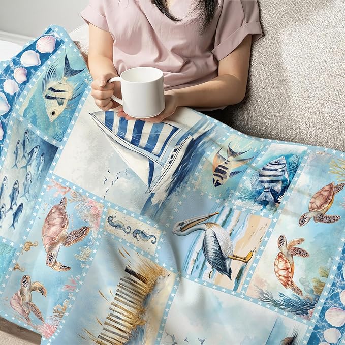 Ocean Nautical Throw Blanket, Nautical Coastal Fleece Blanket Gifts for Boys Girls, Warm Cozy Soft Flannel Throw Stuff for Bed Sofa Couch 50" x 40"
