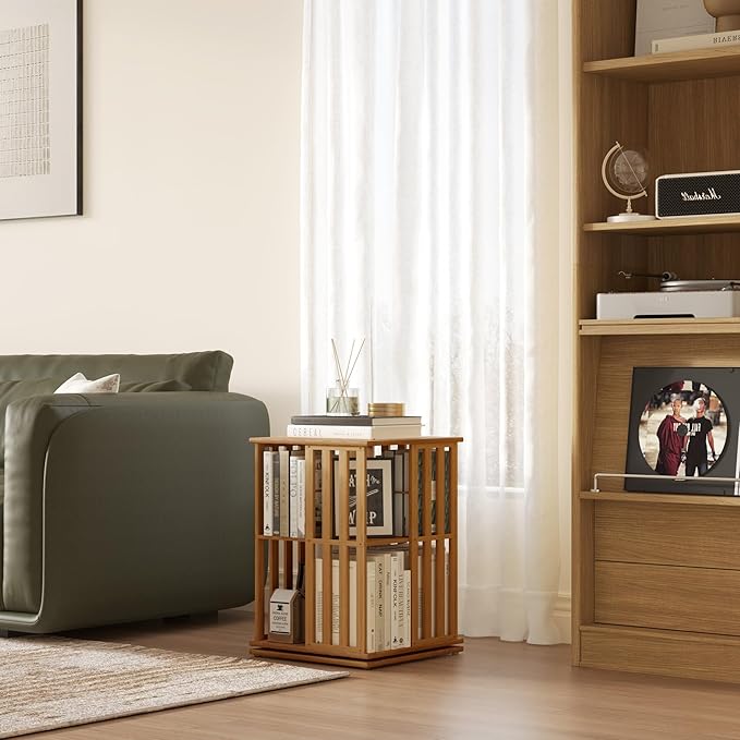 YOWOS Rotating Bookshelf Tower, 360° Spinning Bookcase Bamboo Floor Standing Storage Rack, Narrow Book Shelf Organizer for Kids & Adults, Small Space Bookshelf (Walnut, 2 Tier)