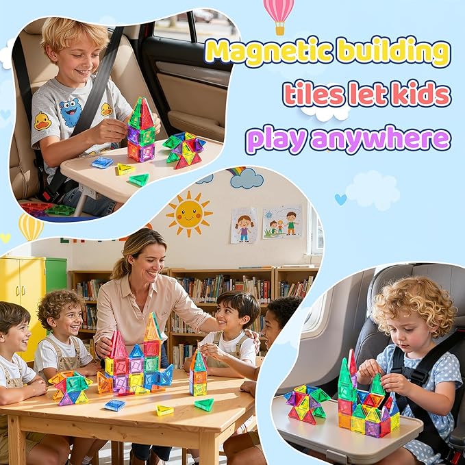 Mini Magnetic Tiles Toddler Travel Essentials Set, 42PCS Magnetic Building Blocks Montessori Educational Tiles Portable Sensory Toys for Aged 3+ Boys Girls Birthday Gift