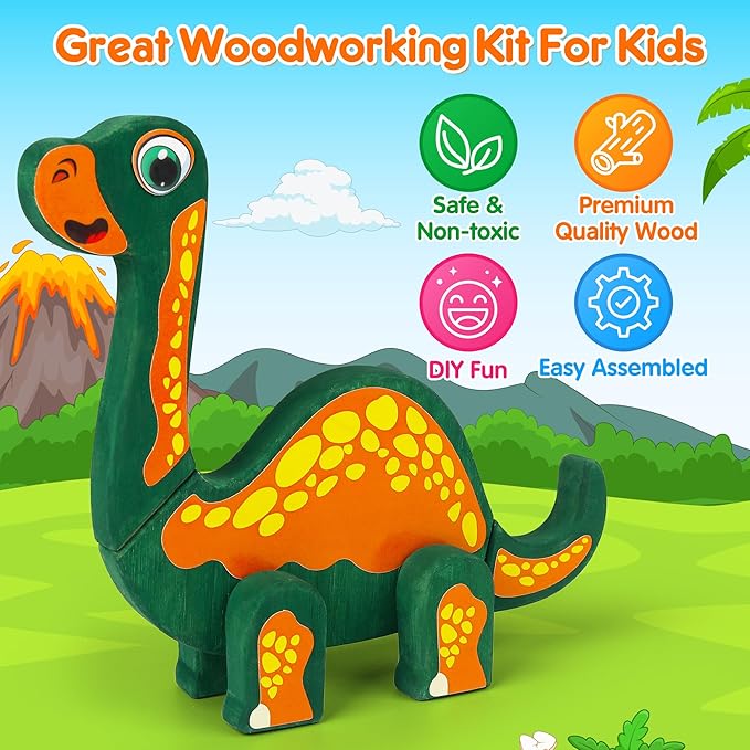 Mocoosy Wooden Dinosaur Painting Art and Craft Kit for Kids 3-5, Build & Decorate Your Own Dinos with Paint and Stickers, Wood Dinosaur T-Rex STEM Game Montessoi Toys Educational Gift for Boys Girls