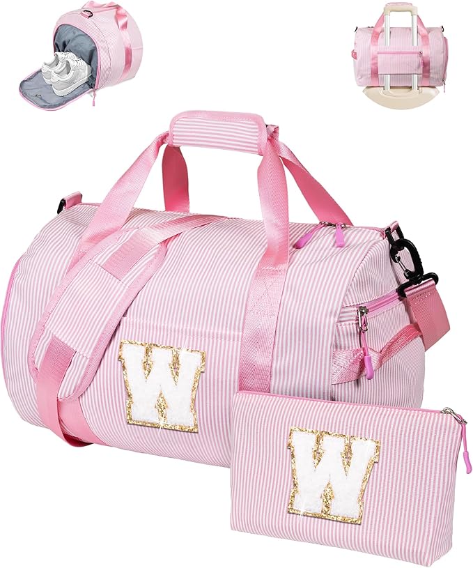 Dance Gift for Little Girl, Girls Travel Duffle Bag, Kids Initial Duffel Bags with Shoe Compartment, Personalized Weekender Bag with Makeup Pouch, Cute Present for Toddler (Letter W)