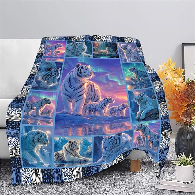 White Tiger Throw Blanket White Tiger Stuff Gifts for Kids Girls Boys Adults Women Men Soft Cozy Warm Plush Fluffy Fuzzy Fleece Blanket Decor 50''X60''