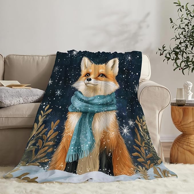 Fox Blanket Fox Decor Gifts Winter Snow Throw Blankets for Girls Boys Women Men Plush Cozy Flannel Fleece Fuzzy Blanket for Bed Couch Sofa 80"X60"